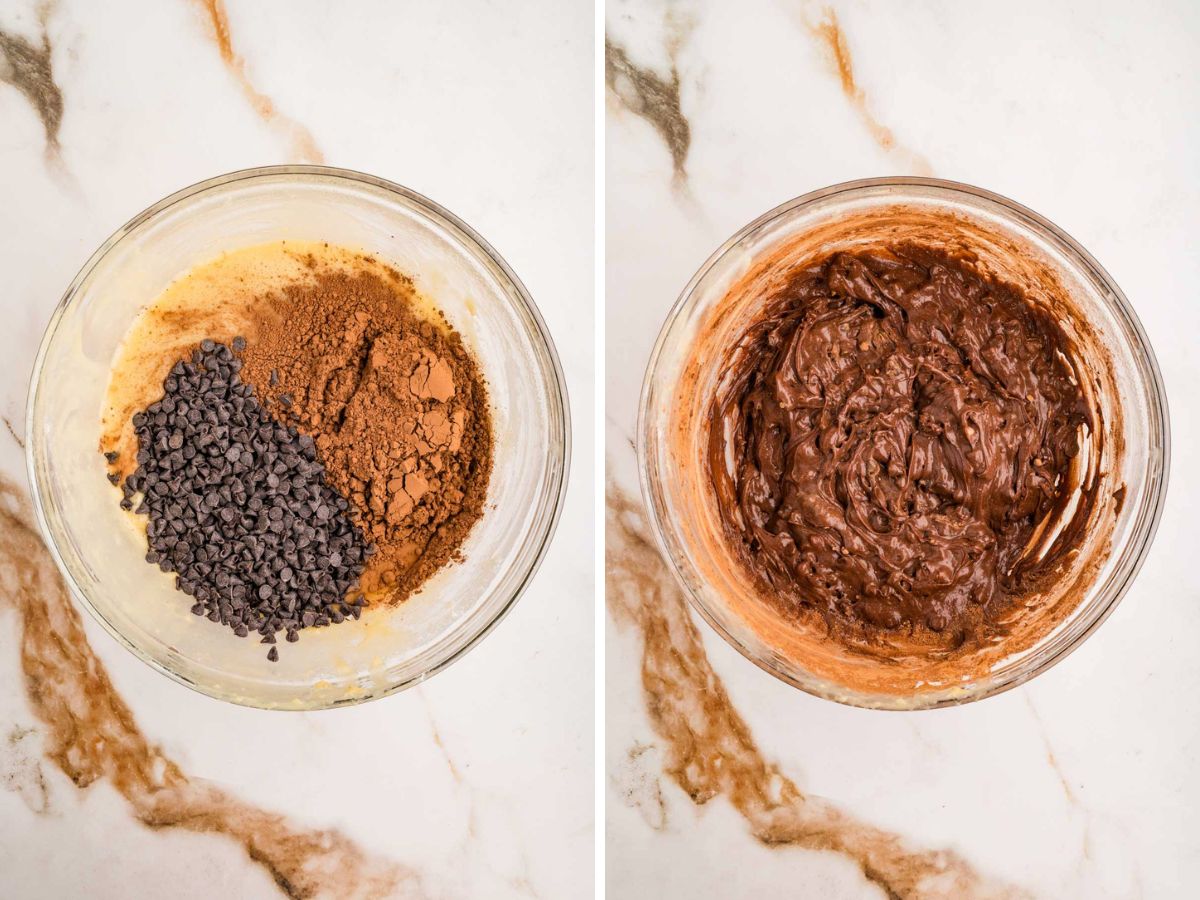Side by side photos of mixing the batter with cocoa powder and chocolate chips.
