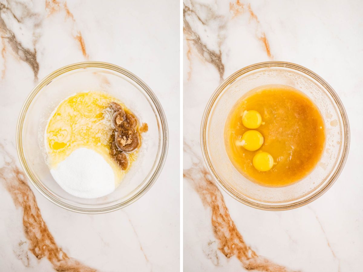 Side by side photos of mixing sugars with butter, eggs and vanilla.