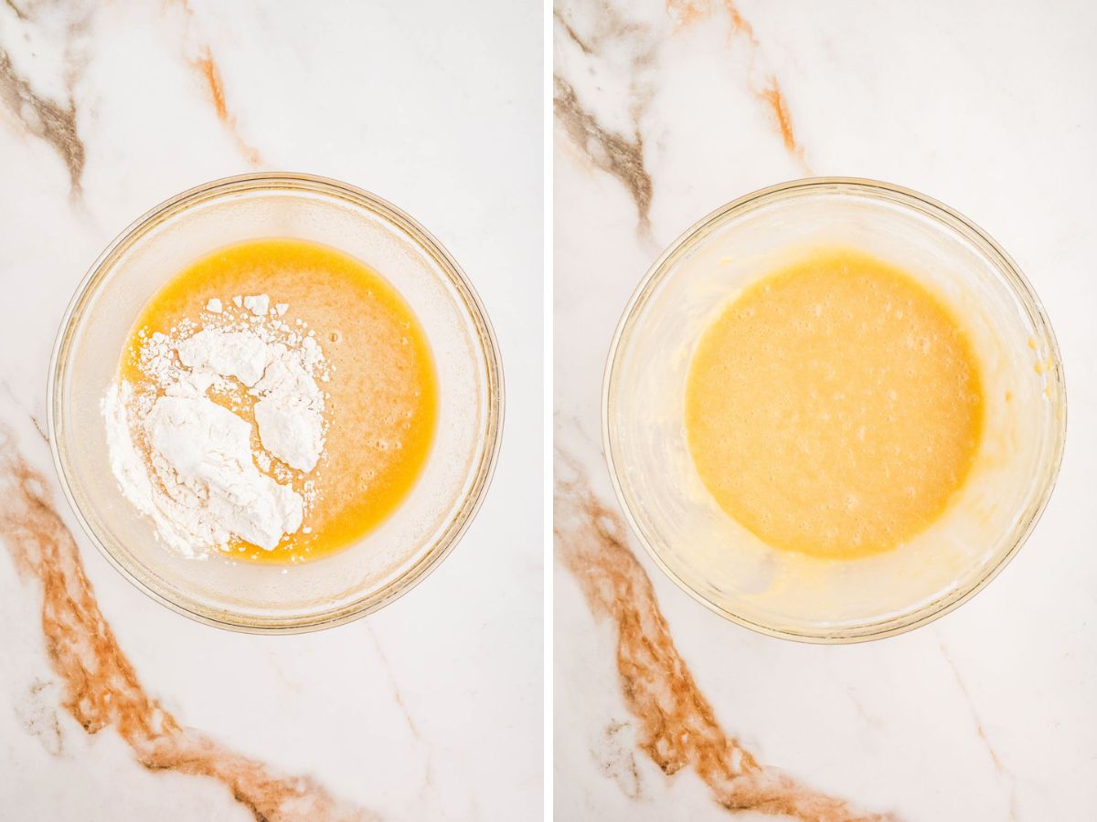 Adding flour to the mixing bowl of sugar and eggs.