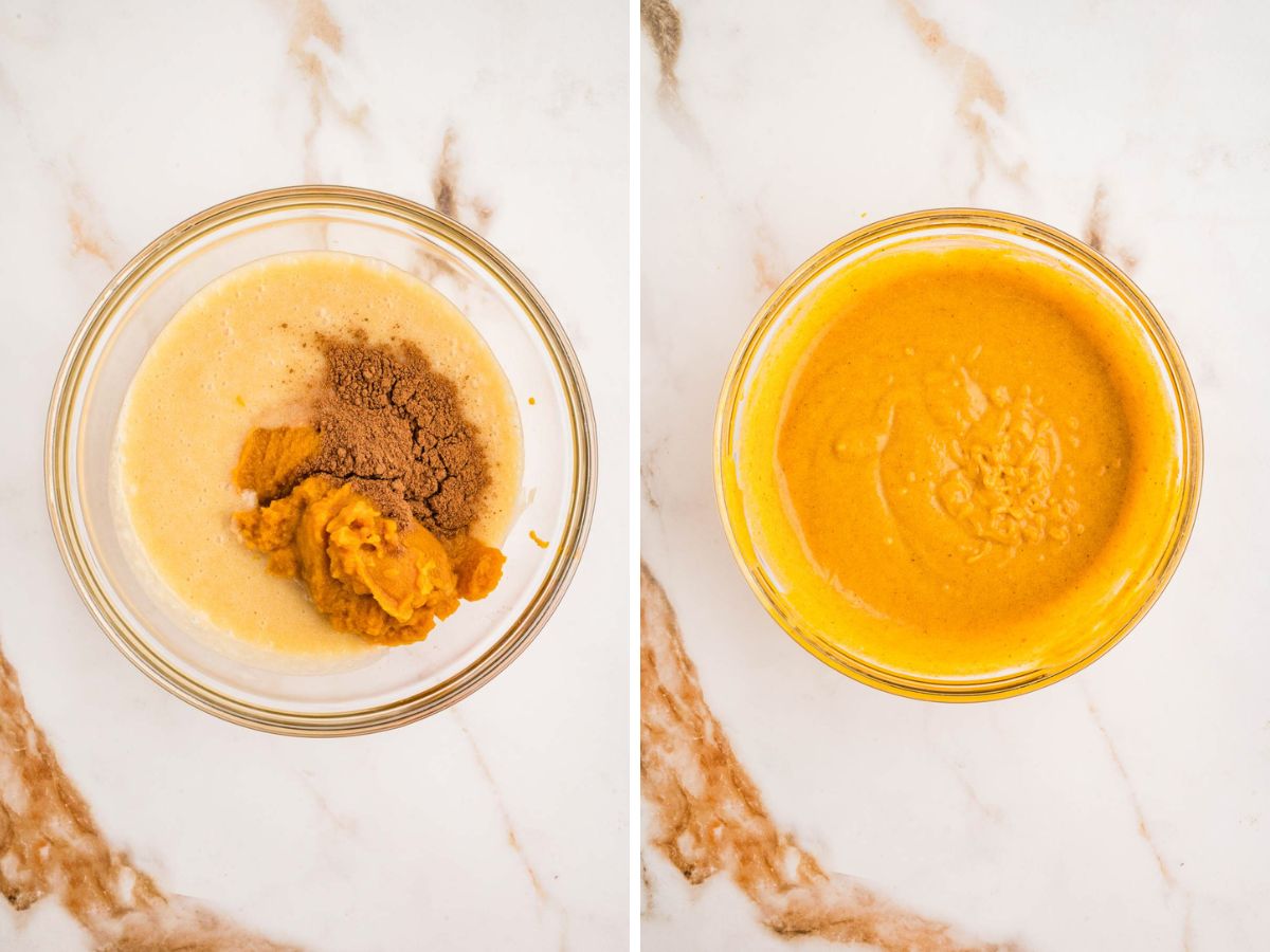 Pumpkin puree and spices added to reserved batter in a bowl.