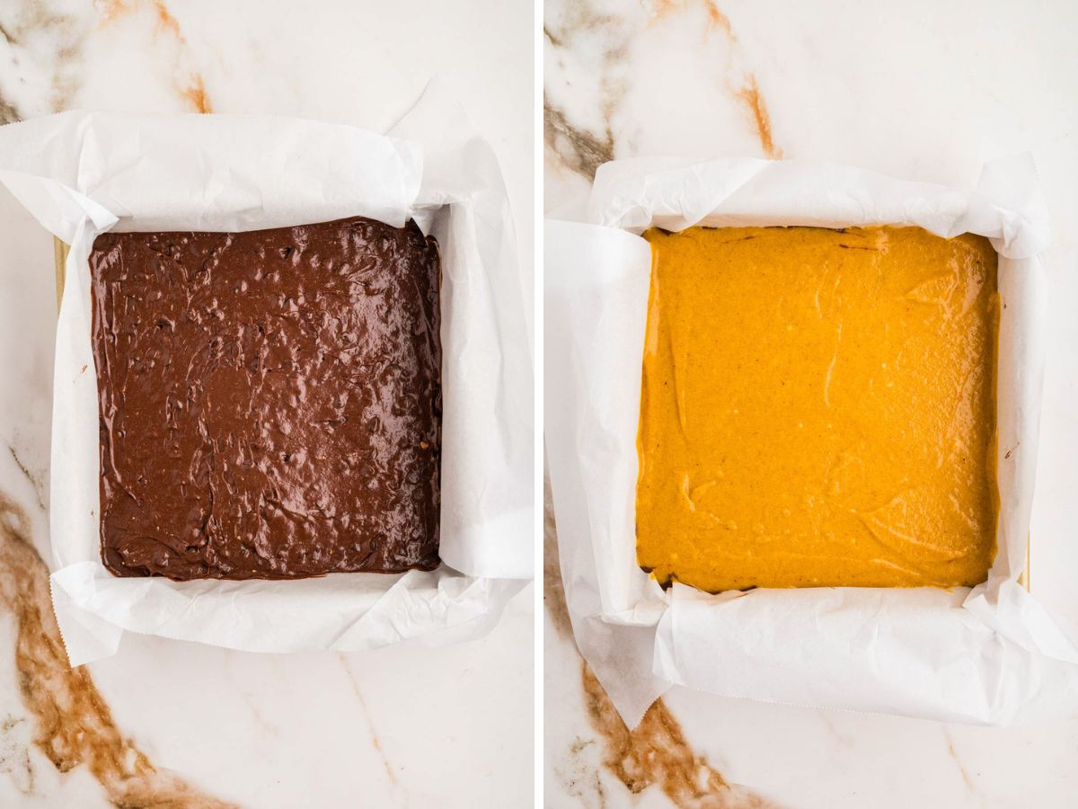 Assembling the pumpkin brownies by adding a layer of chocolate batter then a layer of pumpkin batter.