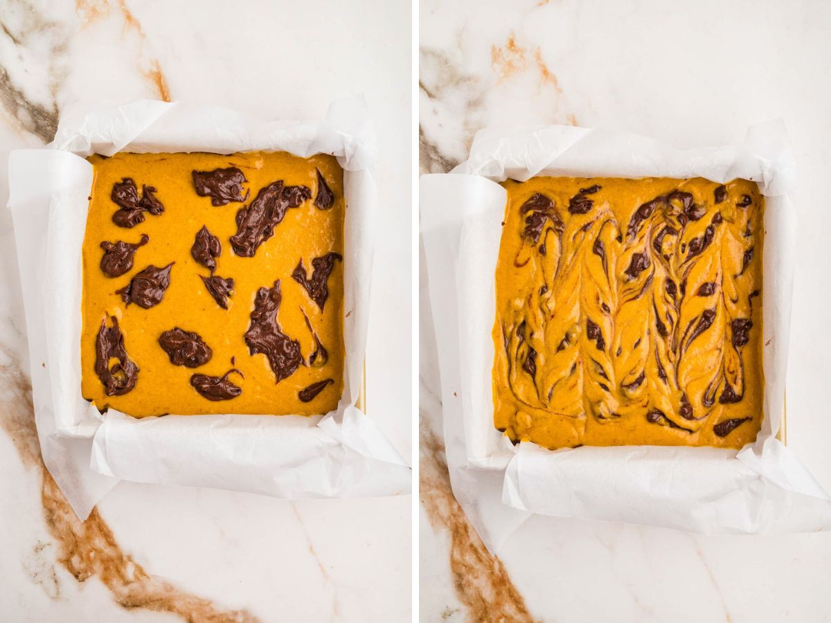 Swirling more chocolate batter into the top layer of pumpkin batter.