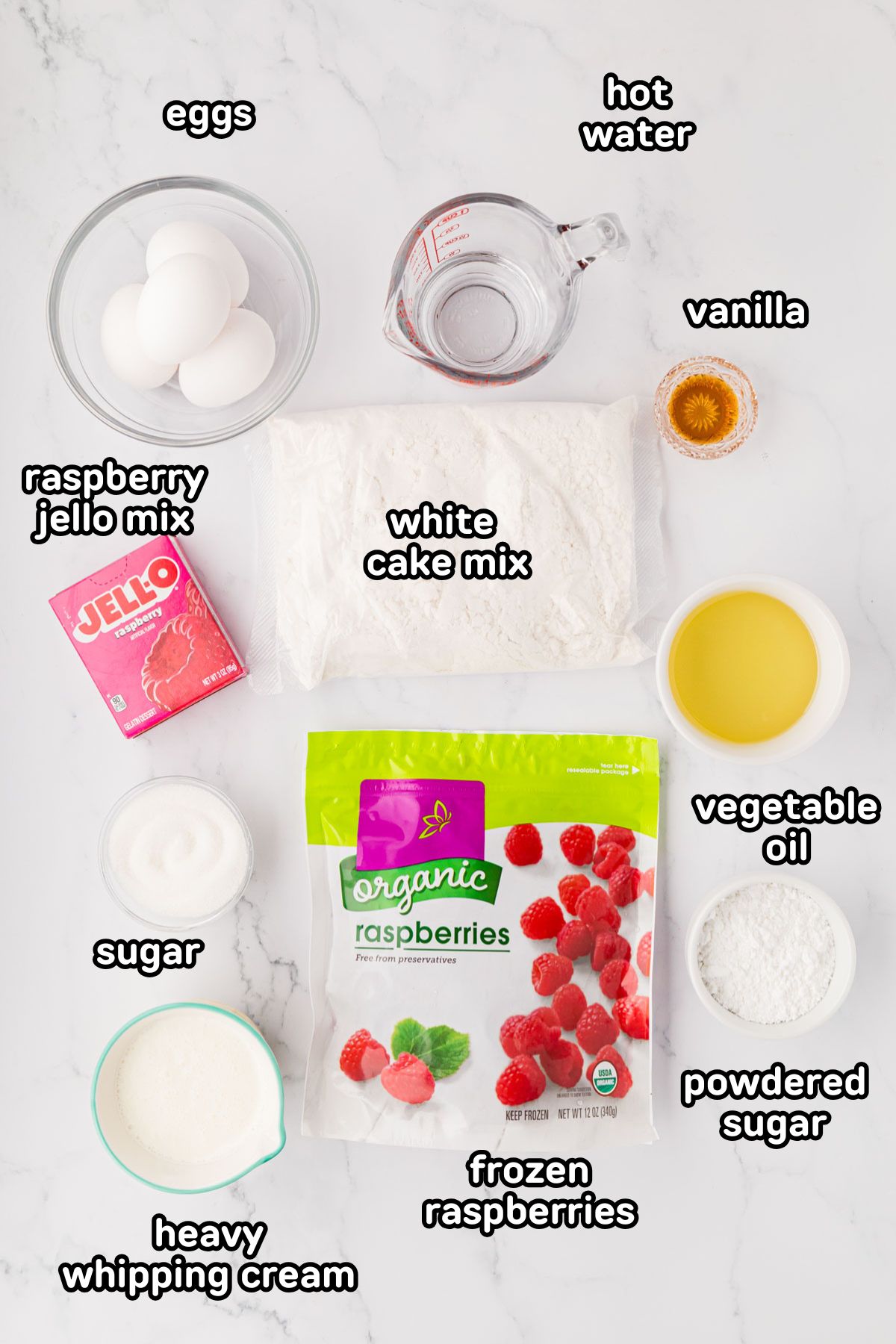 Labeled image of ingredients needed to make raspberry fluff cake.