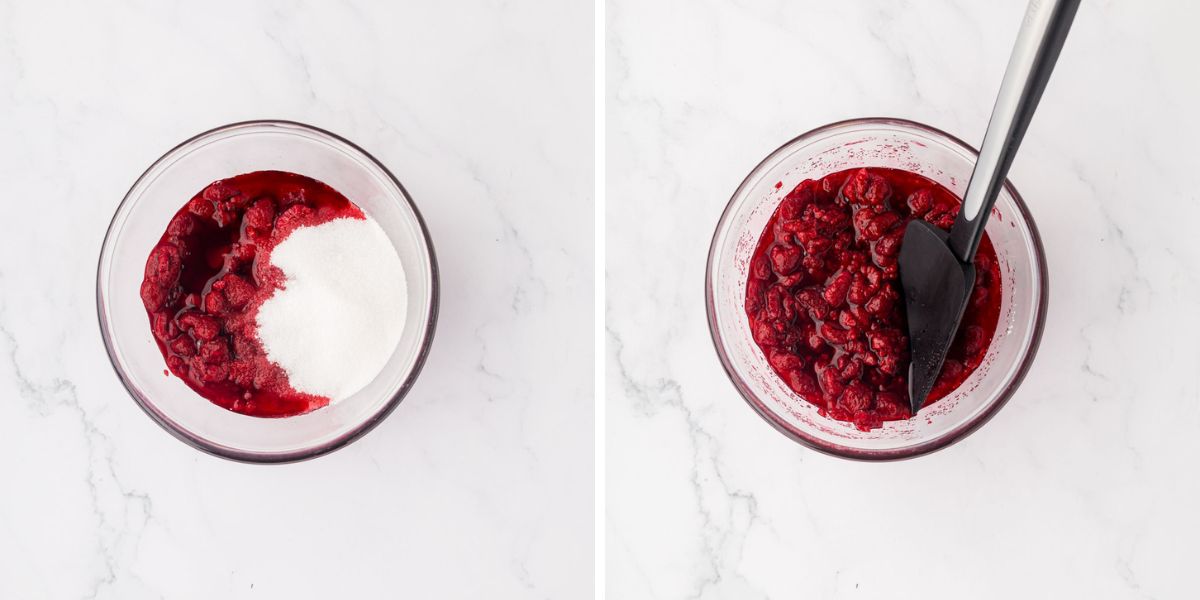 Raspberries and sugar in a bowl.