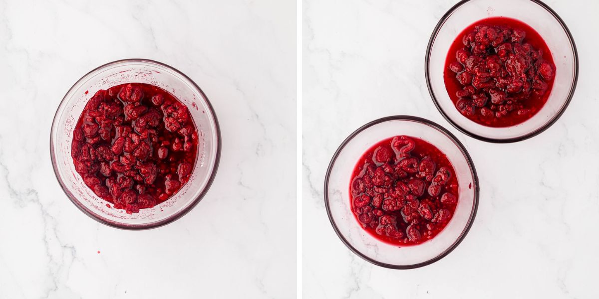Raspberries and sugar divided in half.