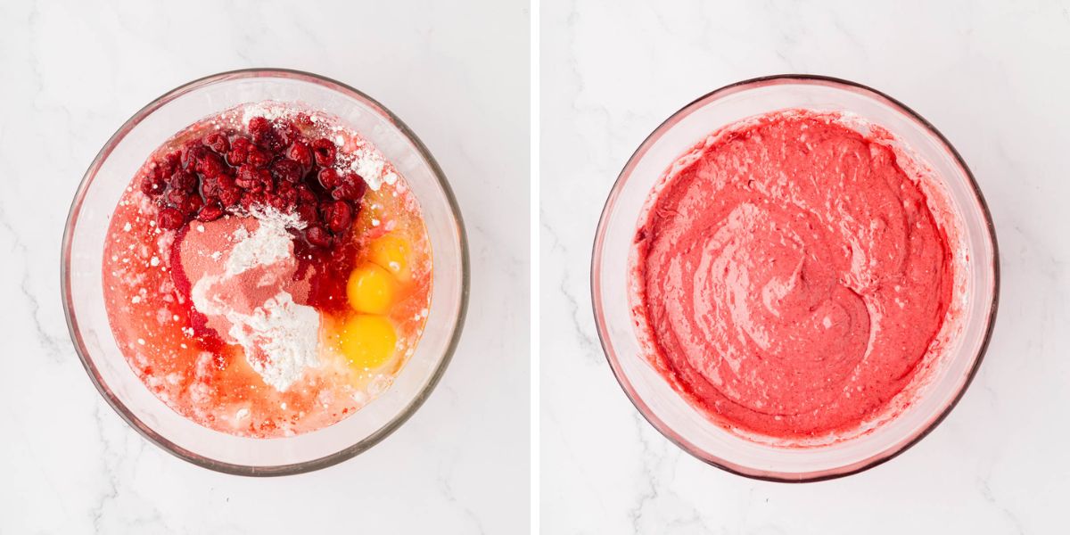 Ingredients for the raspberry cake batter and a bowl.