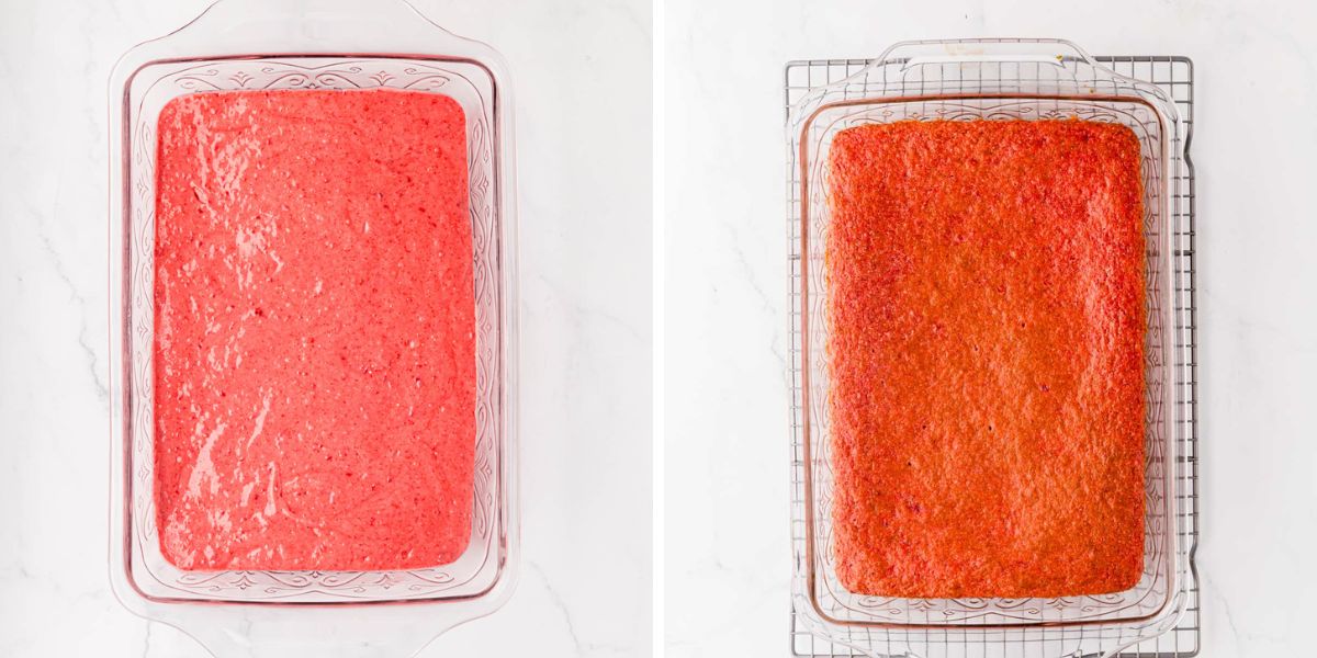 Side-by-side image of raspberry cake batter and a 9 x 13 dish and then after it was baked.