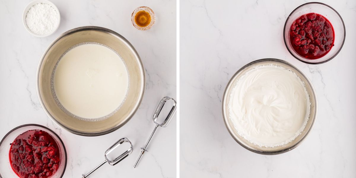 A stainless steel bowl with heavy whipping cream ingredients, and after it is whipped together.