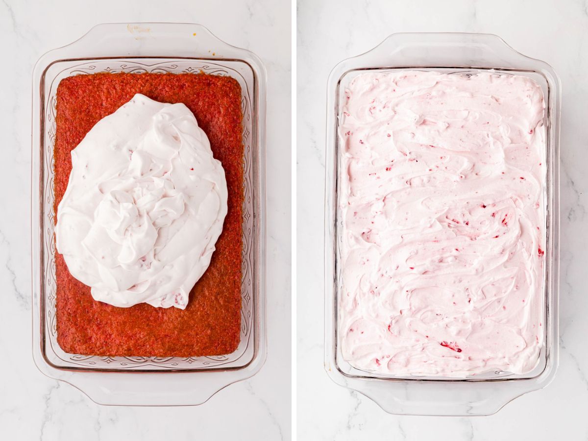 Adding frosting onto the top of the raspberry cake.