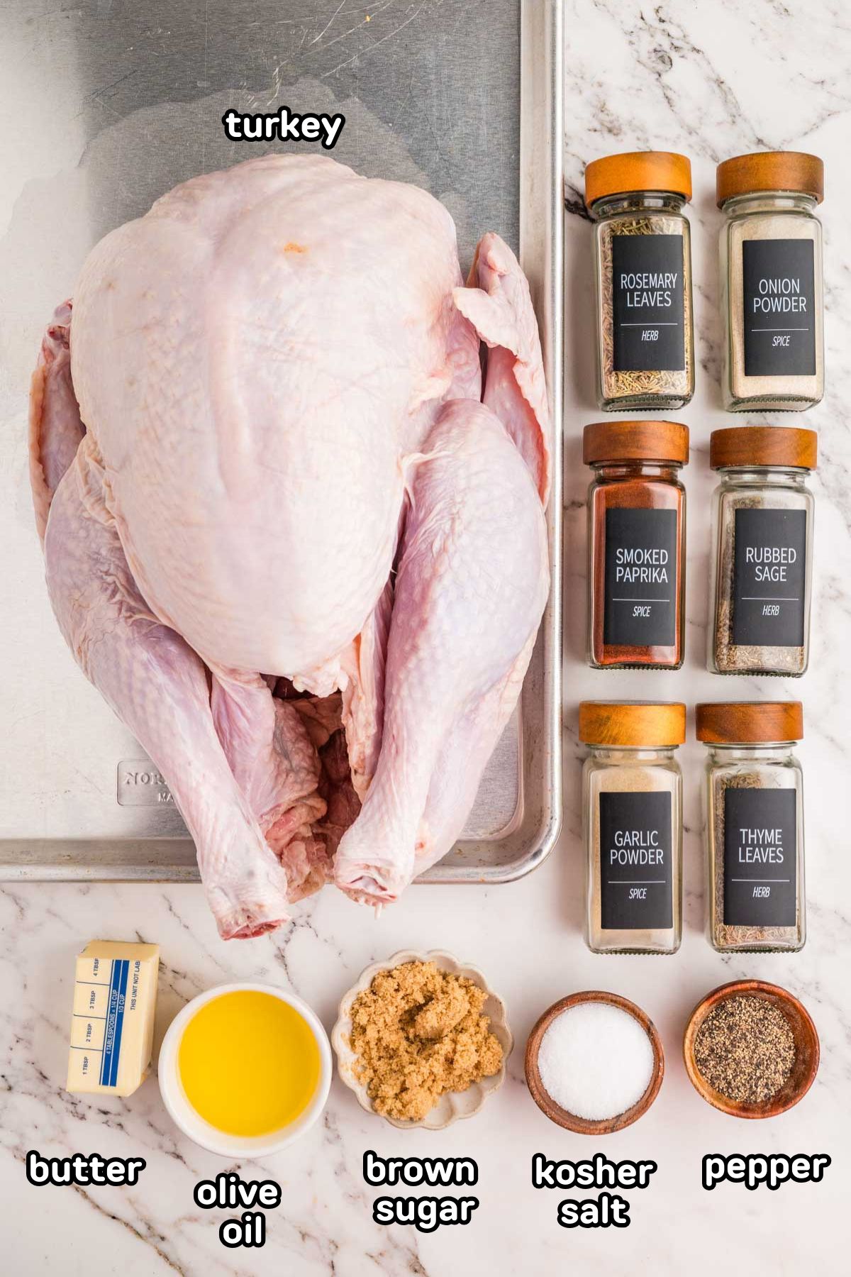 Ingredients needed to make a smoked spatchcock turkey.