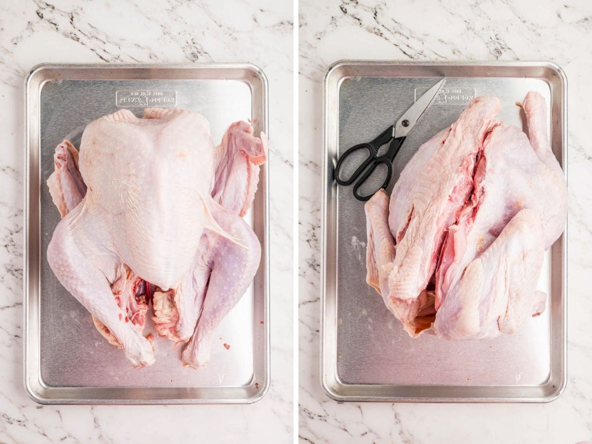 Side by side photos of removing the back bone from the turkey.