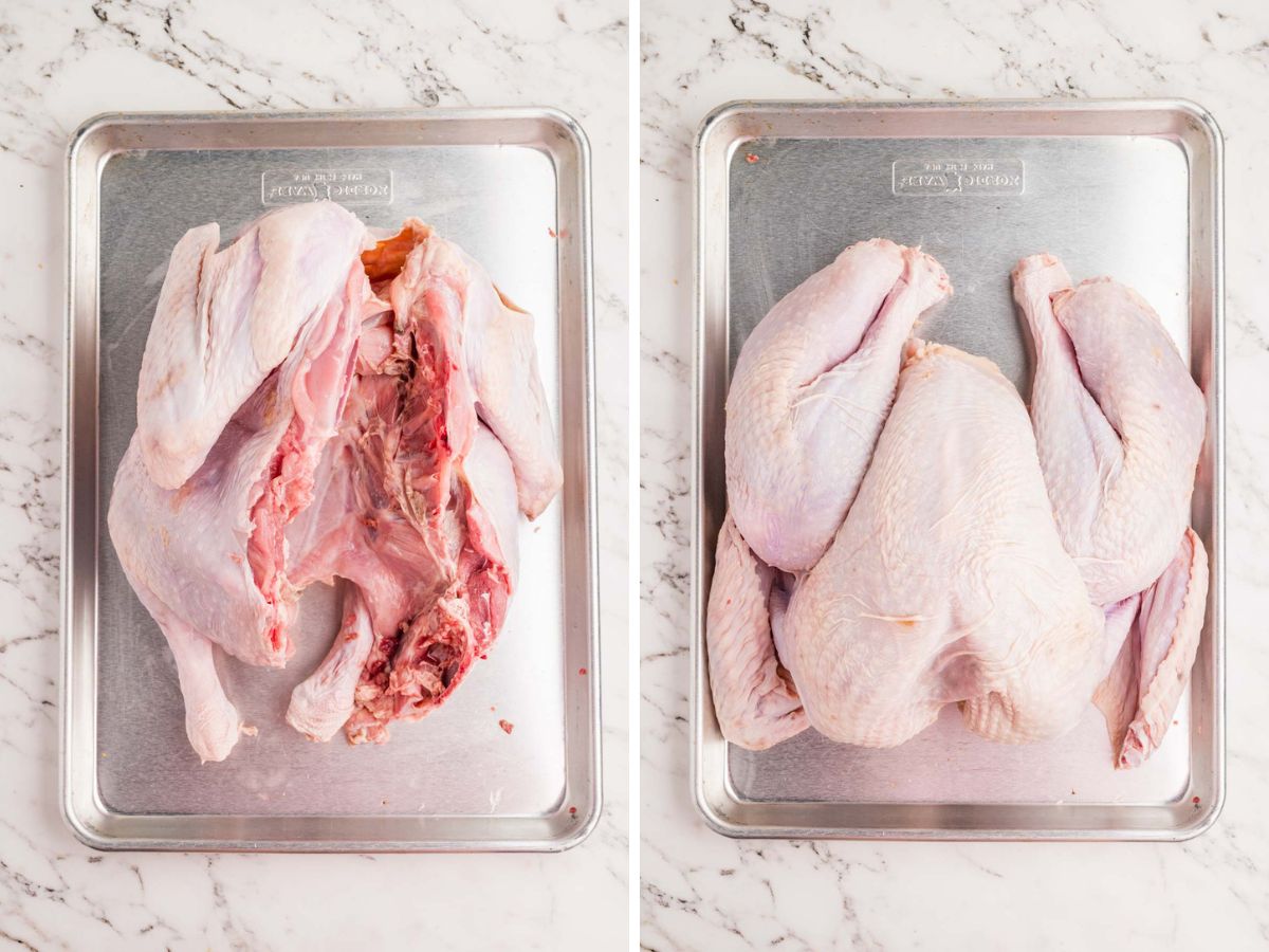 Side bye side photos of flipping the turkey and pressing down after spatchcocking.