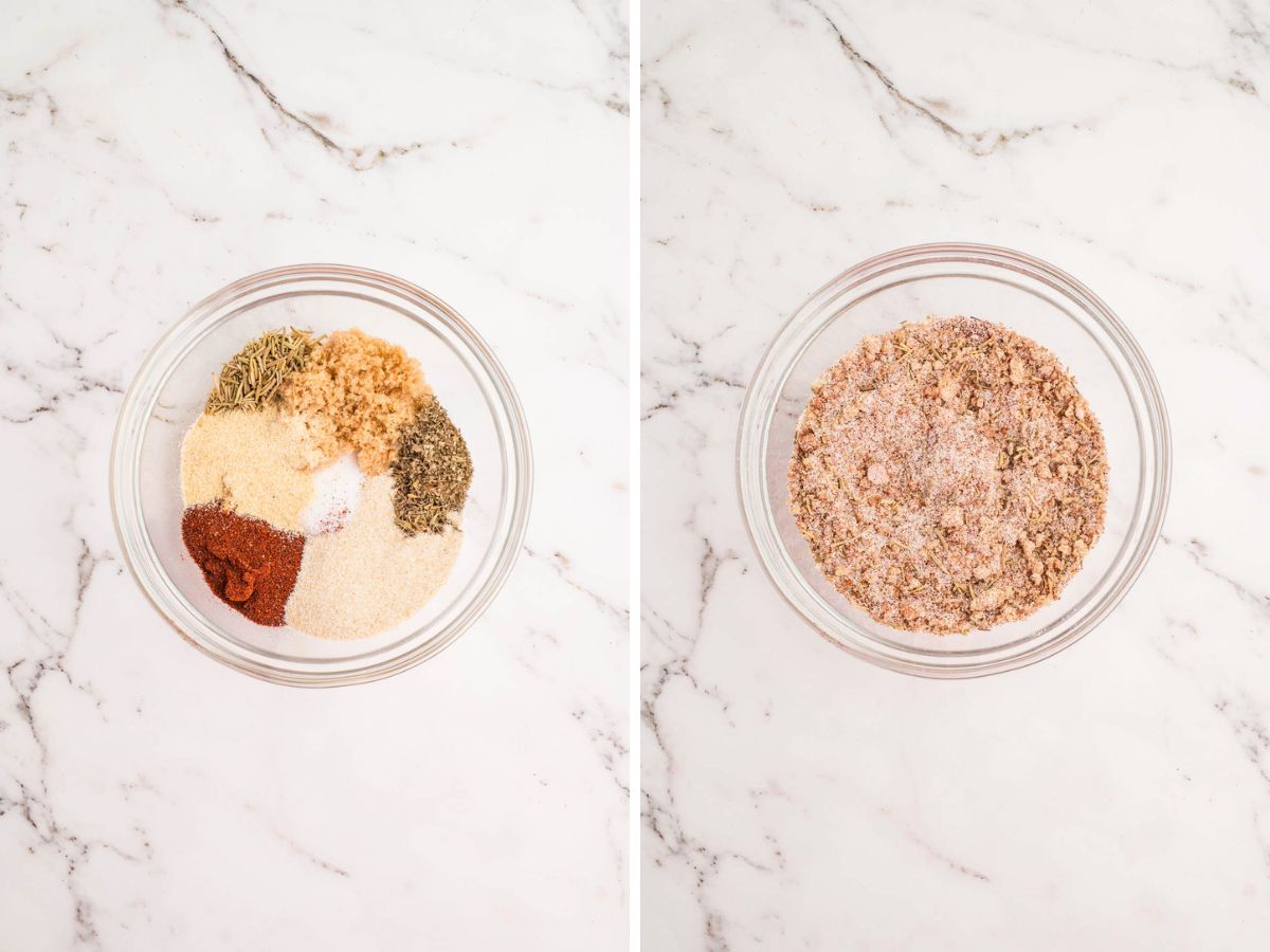 Side by side photos of combining the dry brine spices in a bowl.