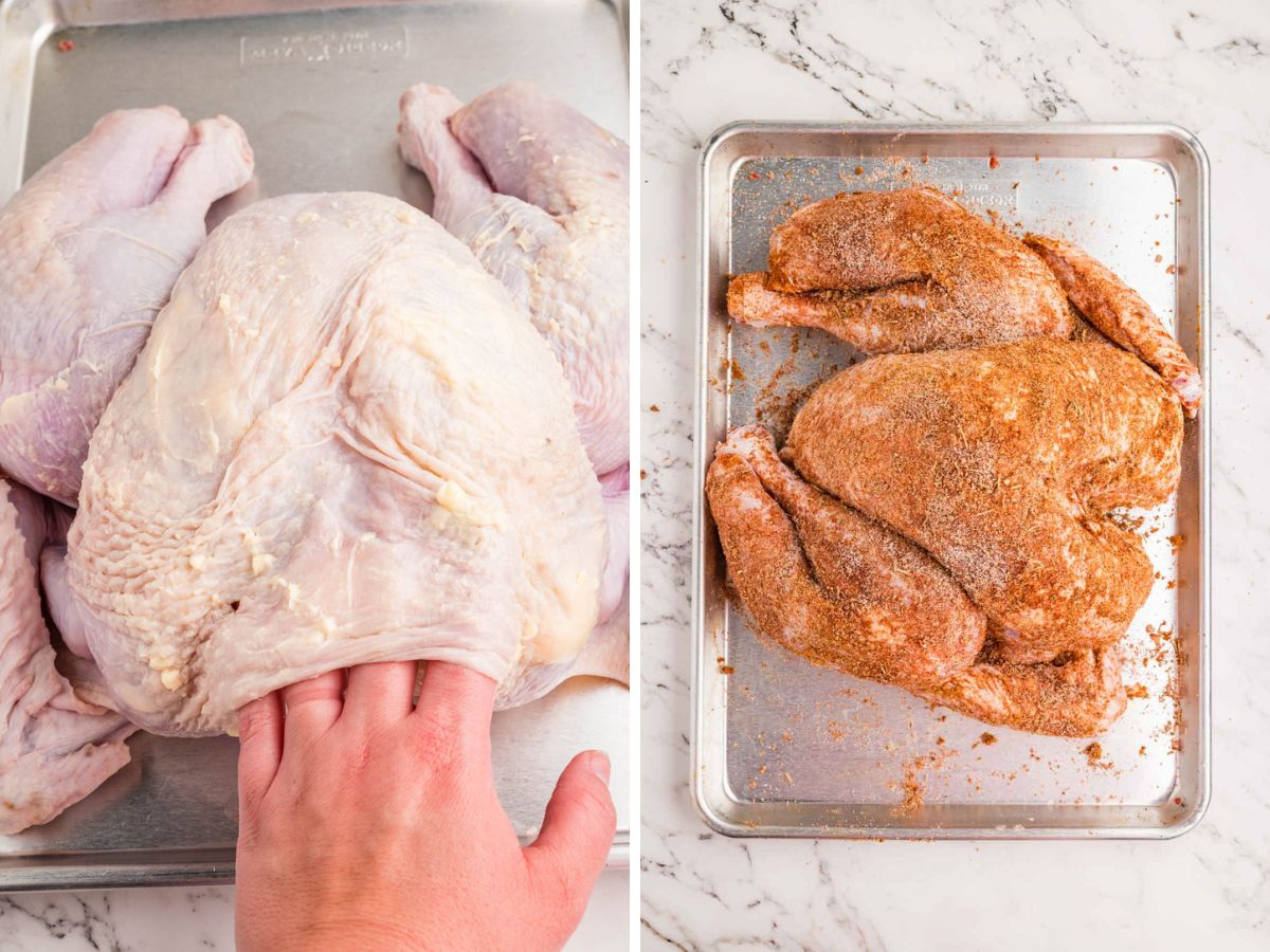Side bye side photos of spreading butter on the turkey breast and placing dry brine seasonings on top.