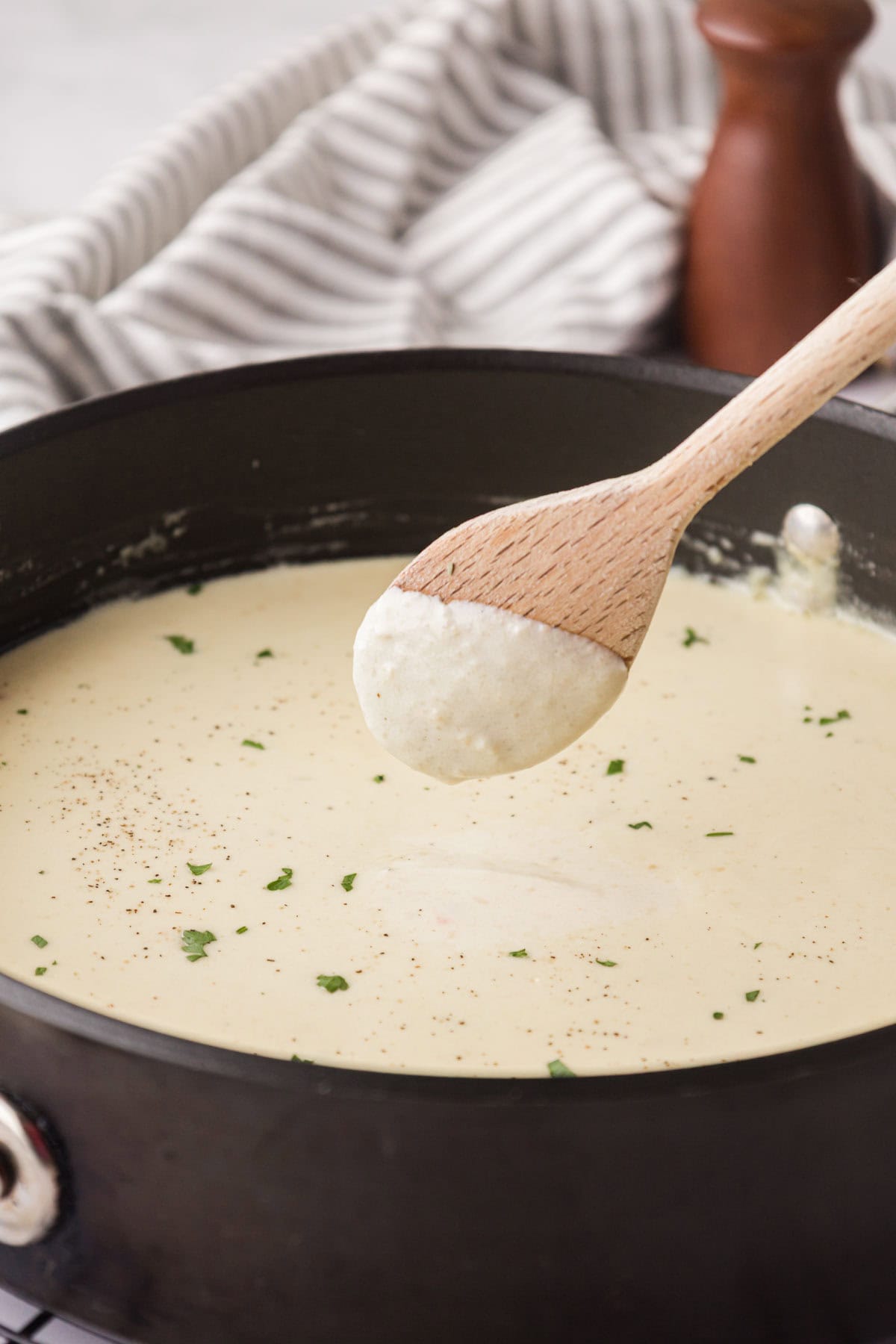 Alfredo sauce coated on the back of a spoon to show  thickness consistency.