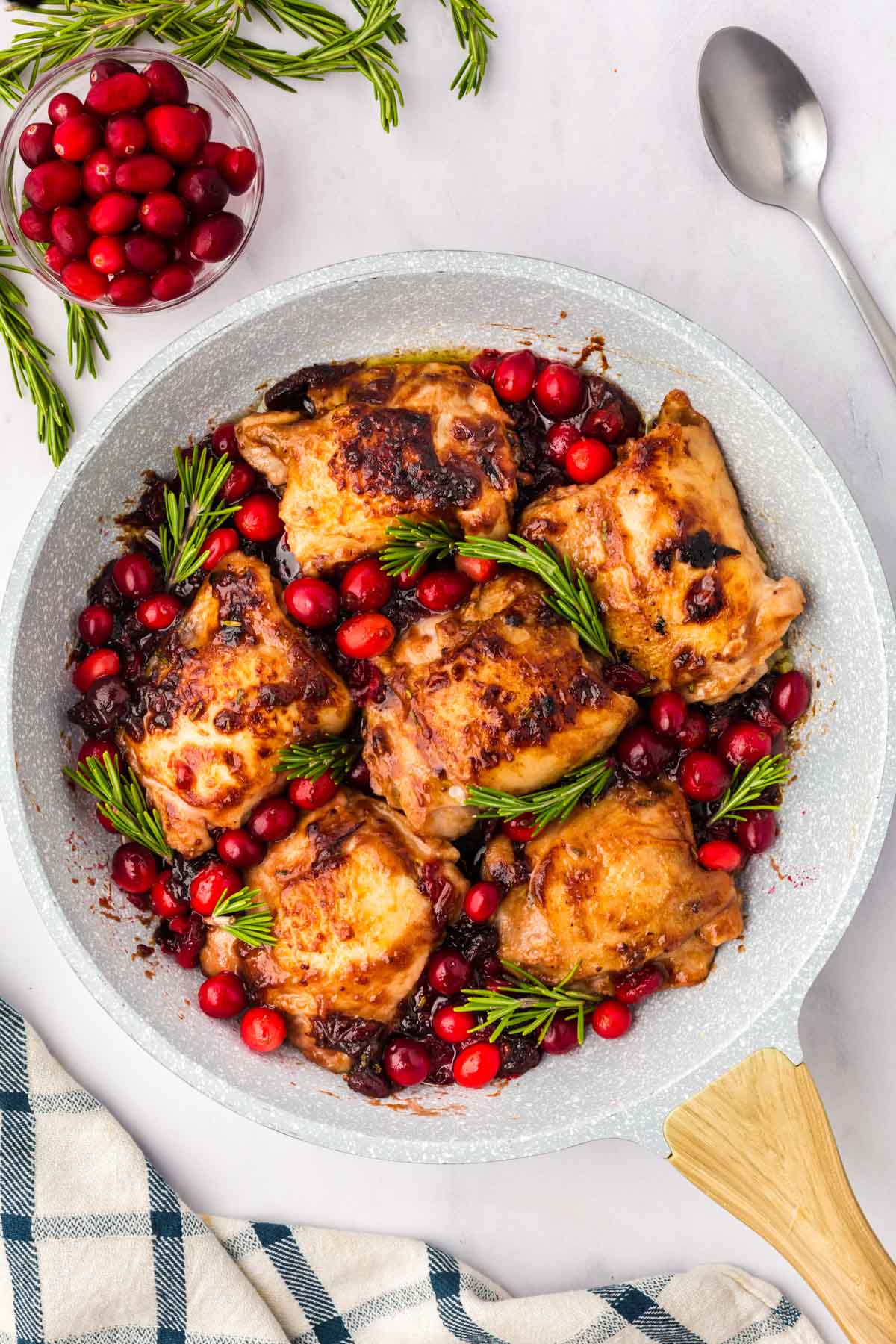 Balsamic cranberry chicken in a skillet after cooking.