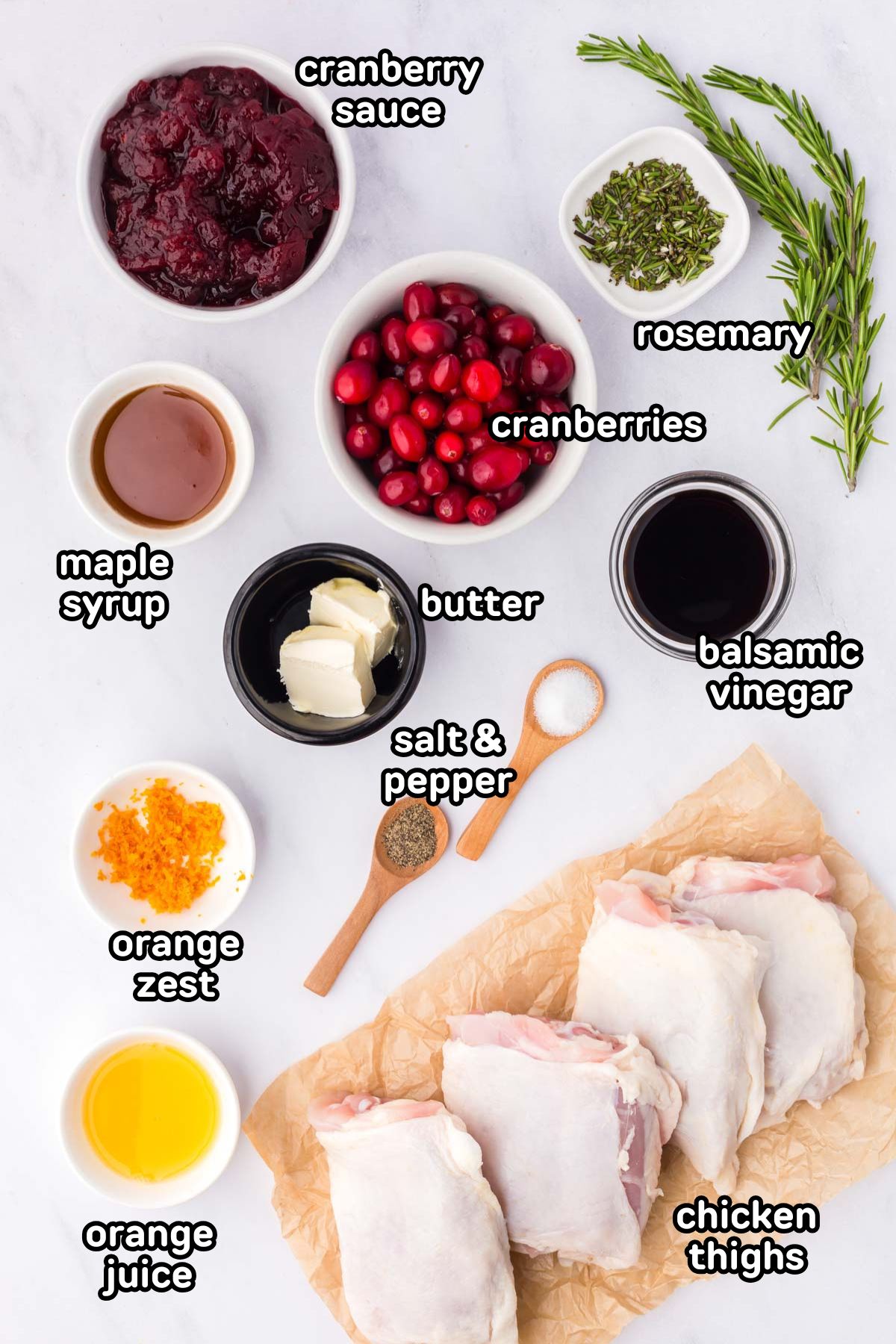 Ingredients needed to make balsamic cranberry chicken thighs.