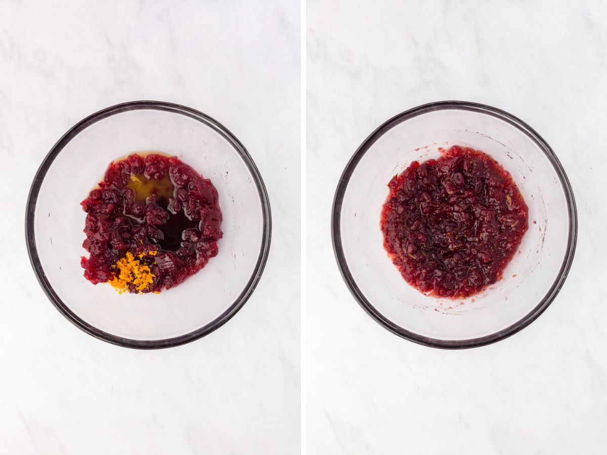 Side by side photos of making the cranberry chicken marinade.