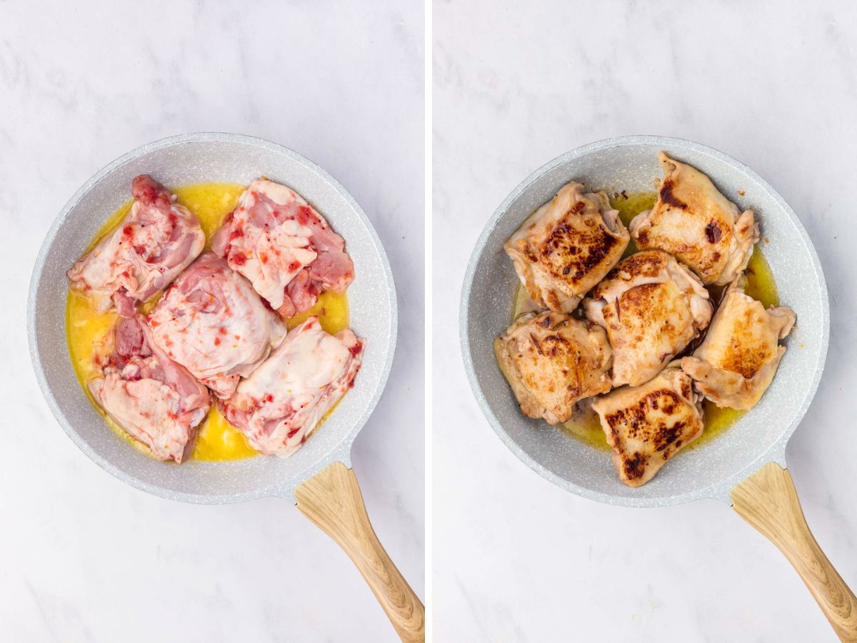 Side by side photos of searing the chicken thighs in a skillet.