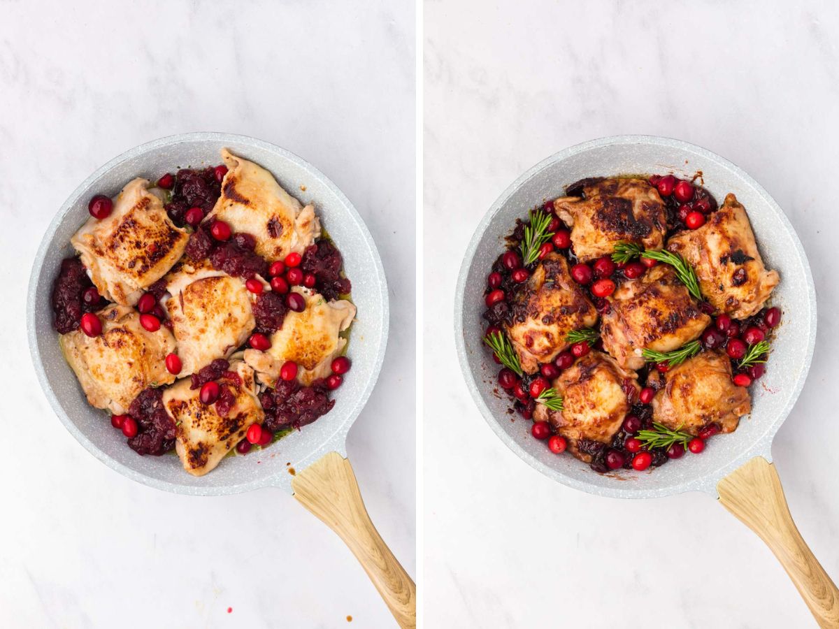 Side by side photos of adding the cranberry marinade, fresh cranberries and rosemary to the skillet with the chicken.