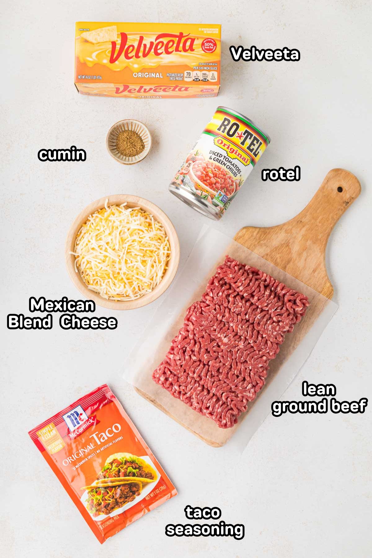 Labeled image of ingredients needed to make easy beef queso with rotel.
