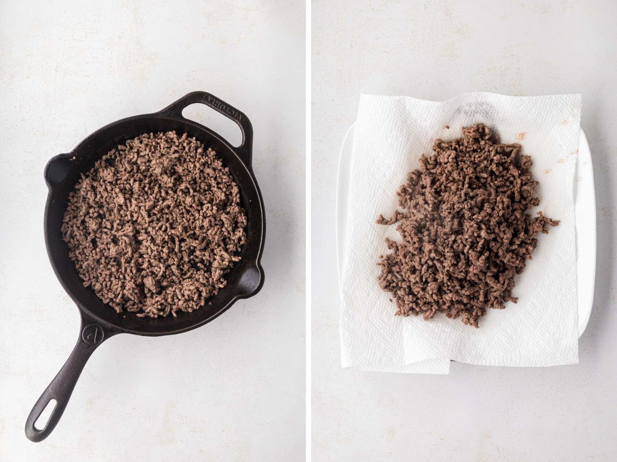 Crumbled cooked ground beef and a cast-iron skillet.