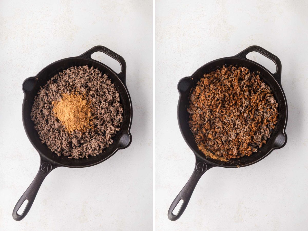 Taco seasoning added to ground beef.