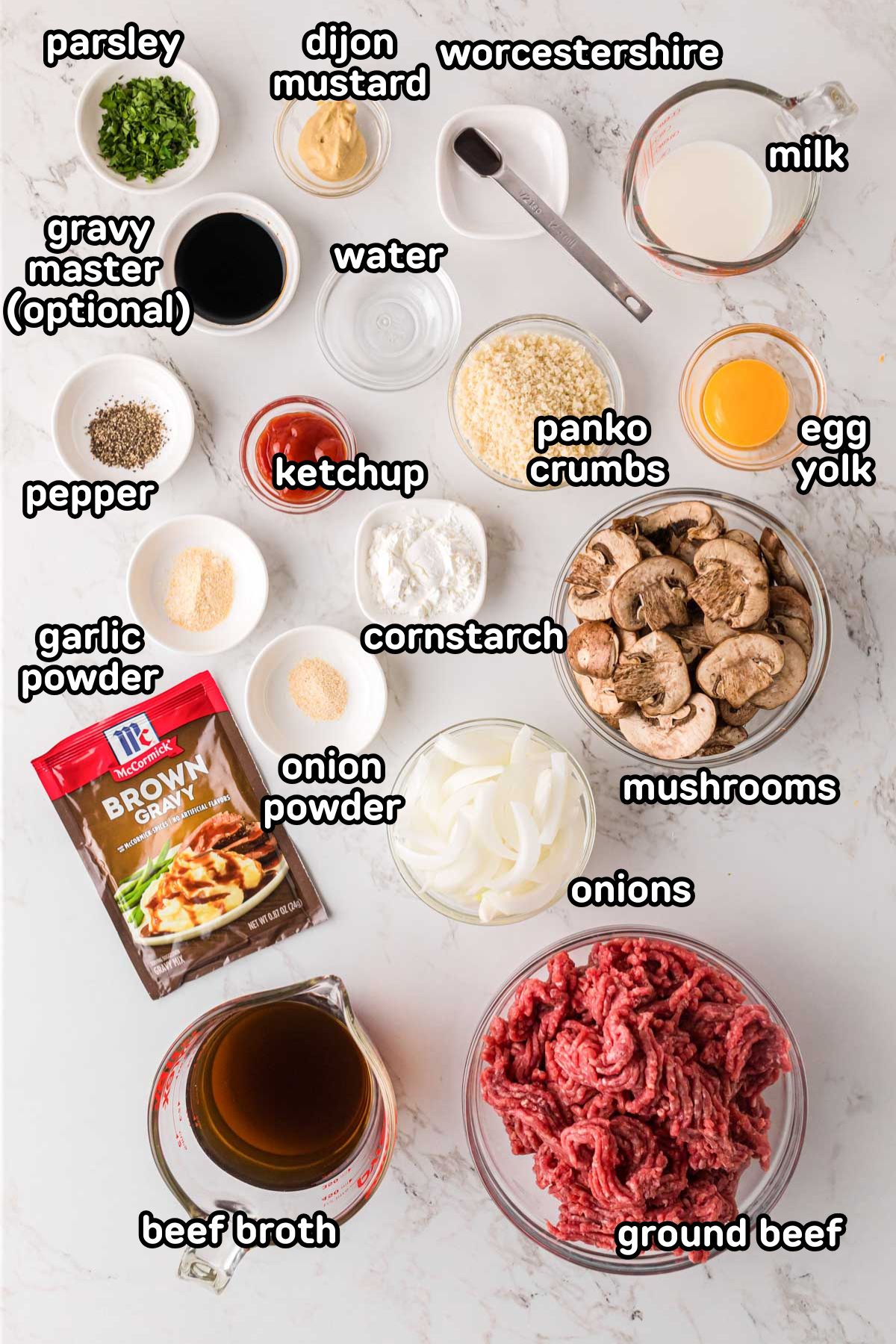 A labeled image of ingredients needed to make Salisbury steak in the crockpot.