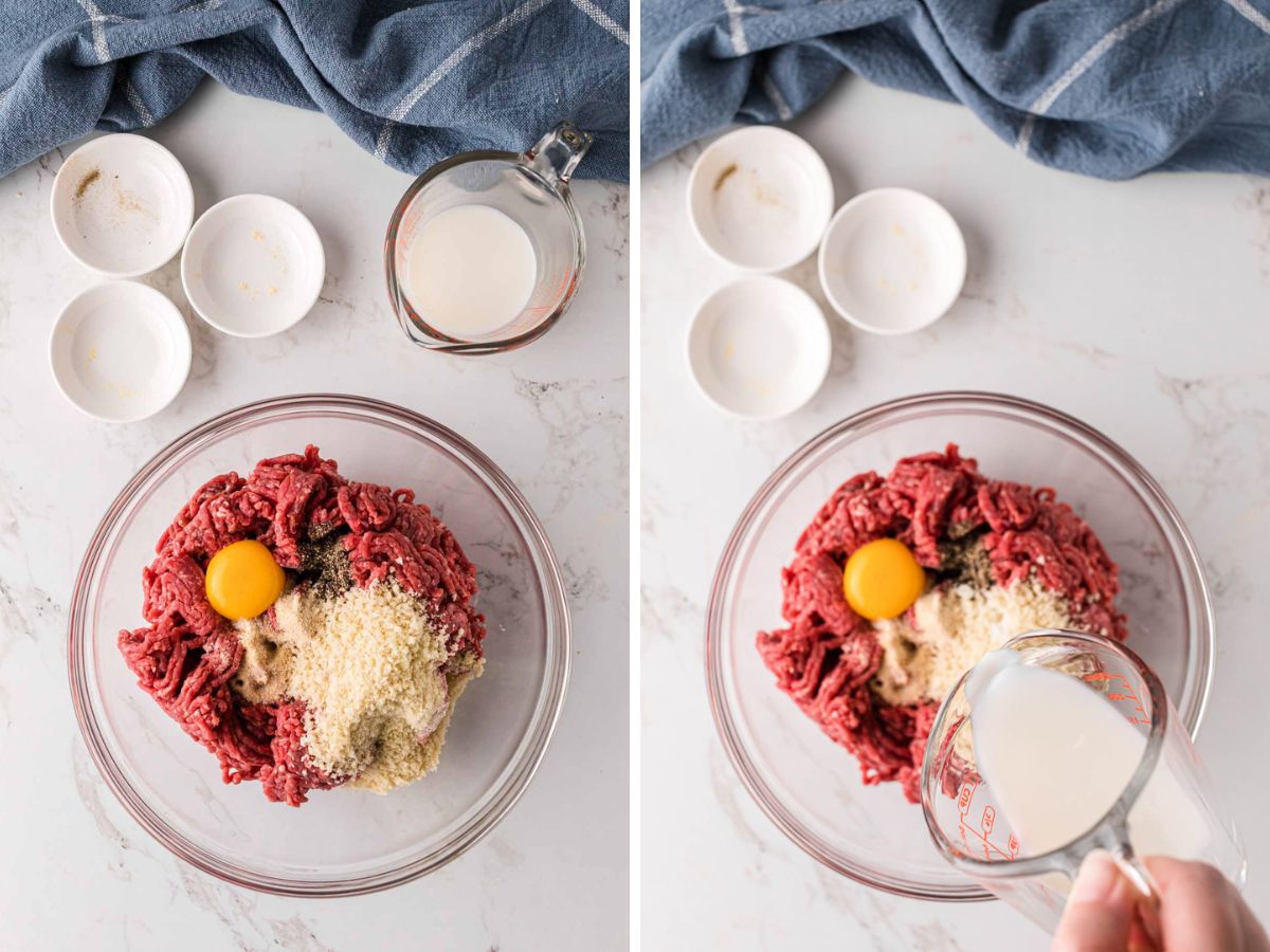 A side-by-side image of ingredients to make hamburgers patties in a bowl and then milk being poured in.