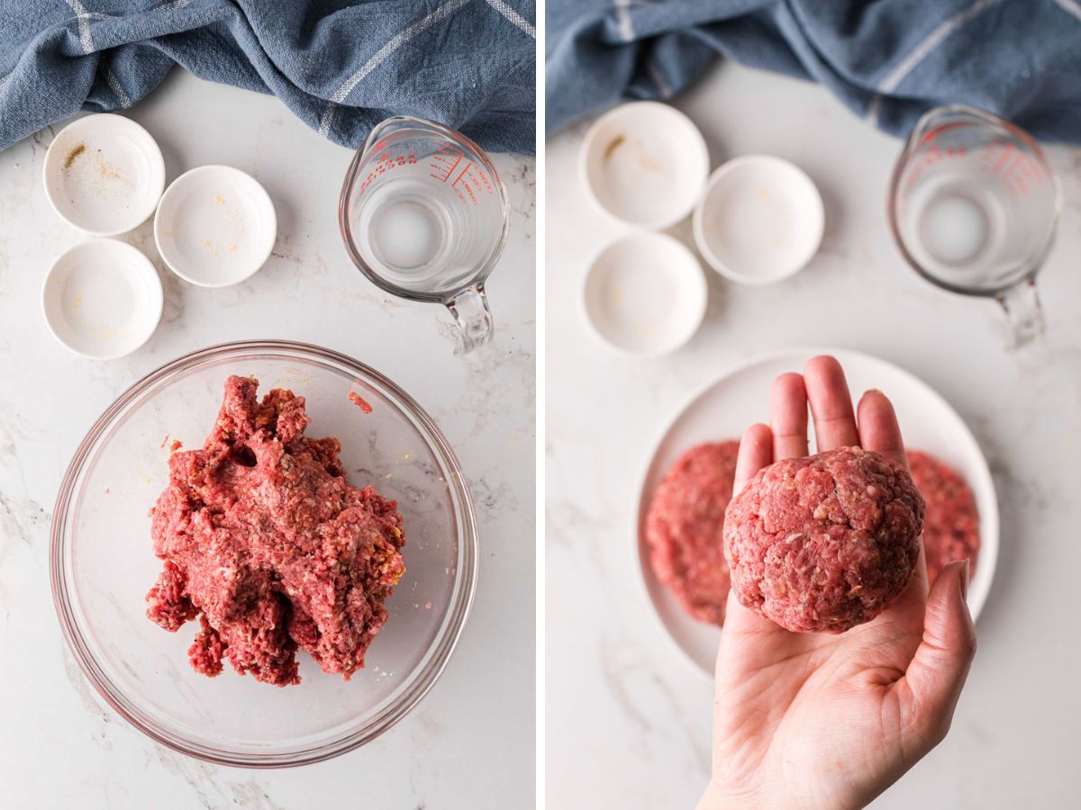 Forming ground beef patties by hand.