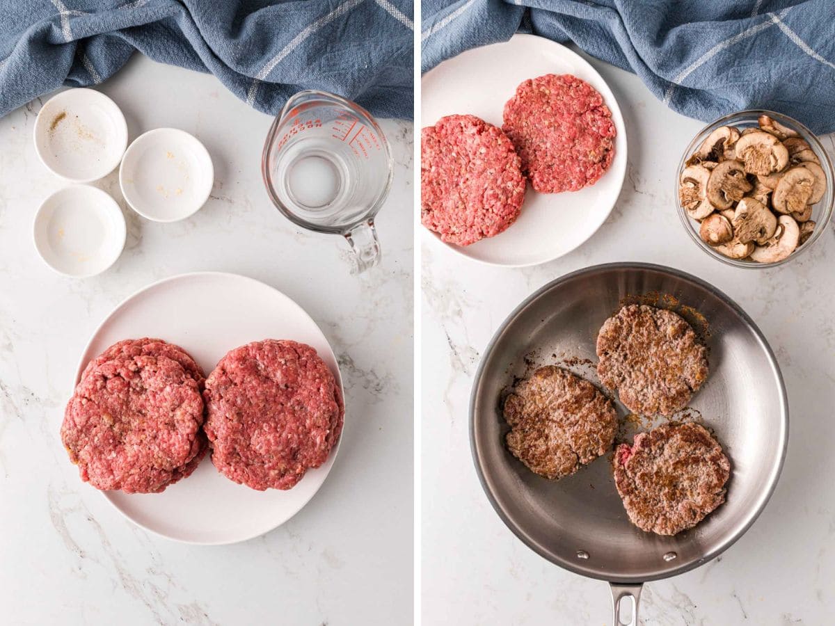 Browning brown beef patties in a skillet.