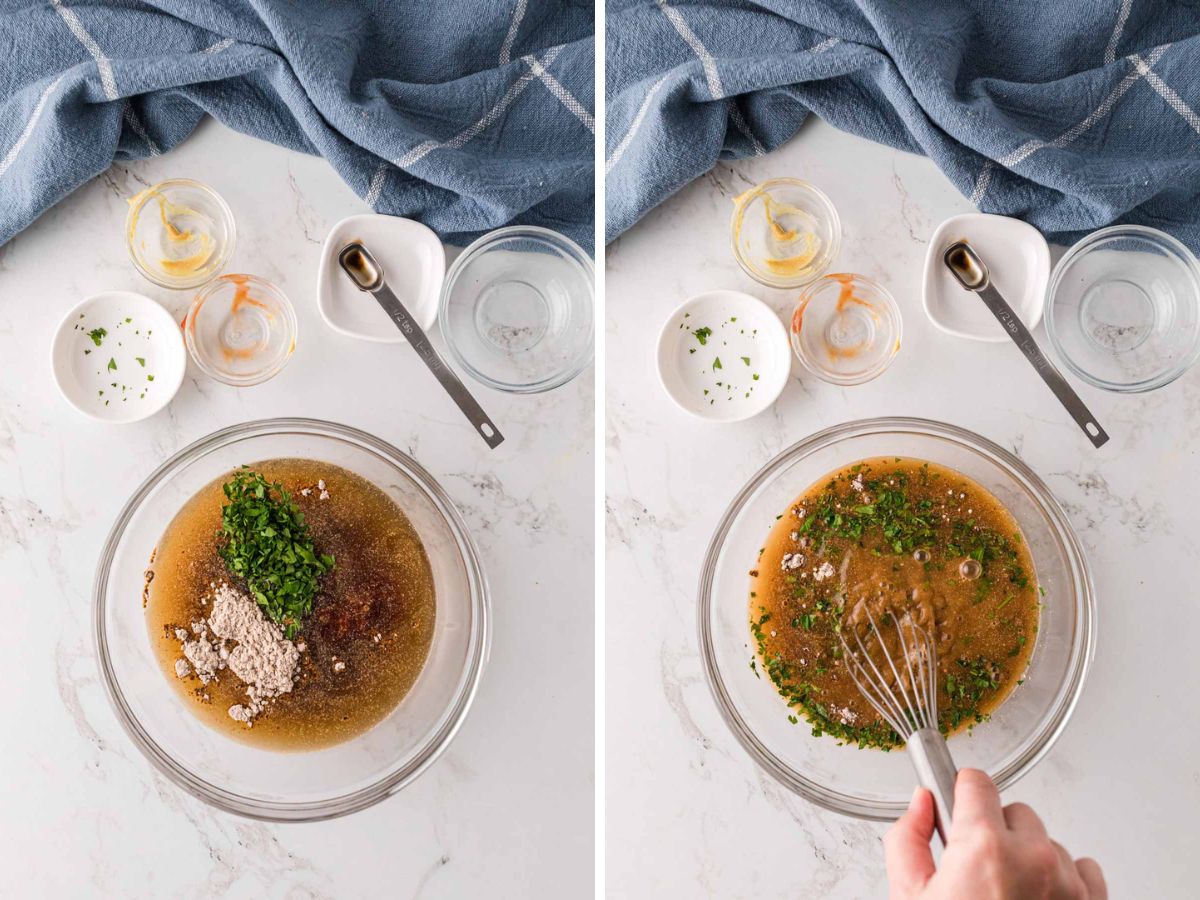The bowl full of gravy ingredients being whisk together.