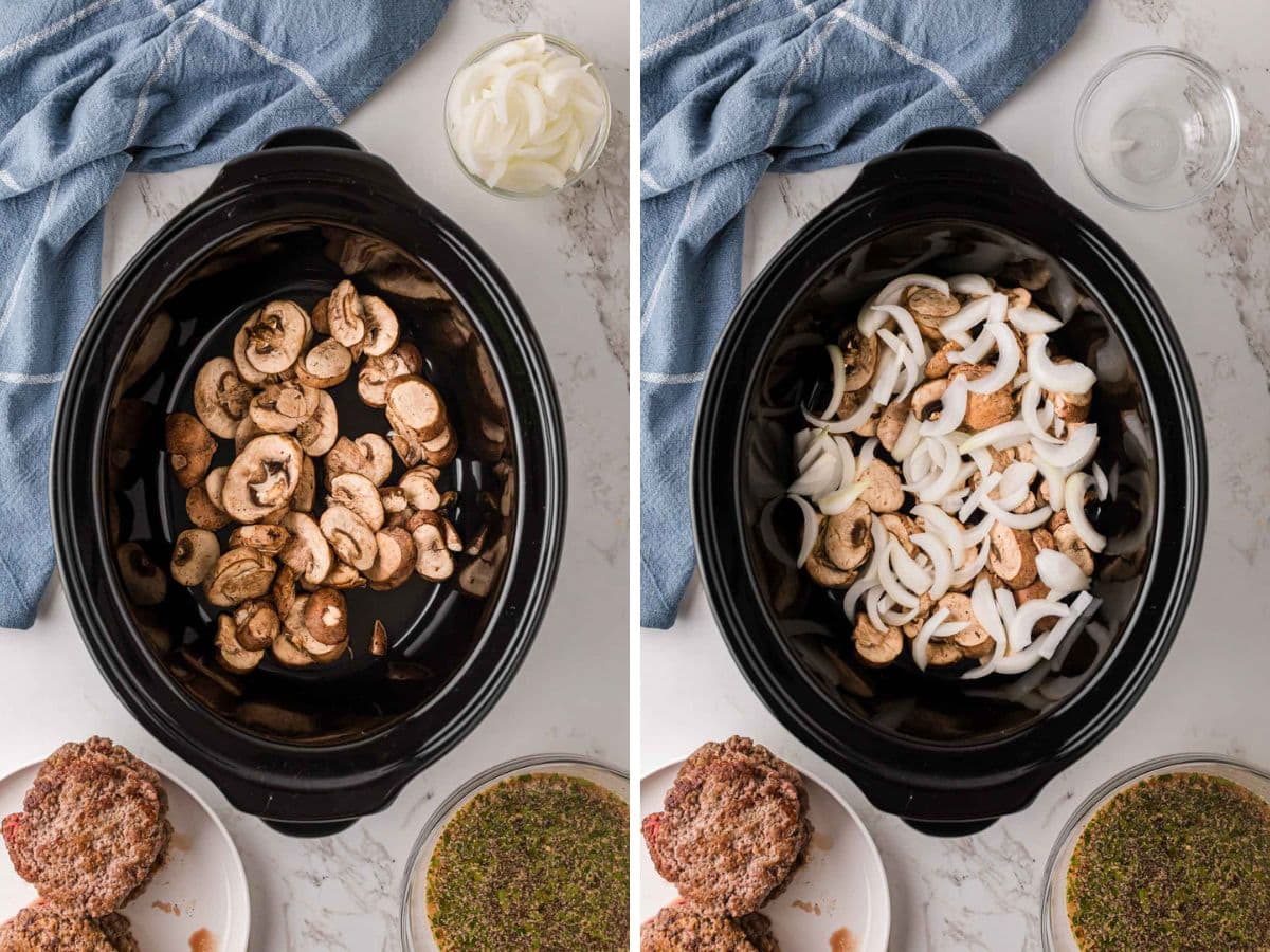 Mushrooms and onions being added to the slow cooker.
