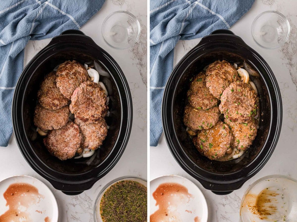 Ground beef patties, and gravy mixture added into the slow cooker.