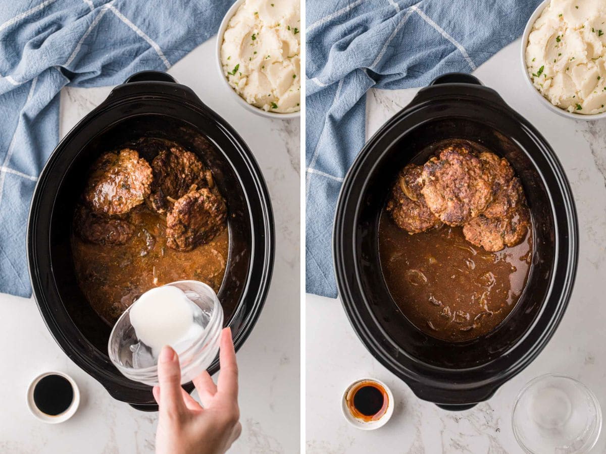 Cornstarch slurry being added to crockpot.