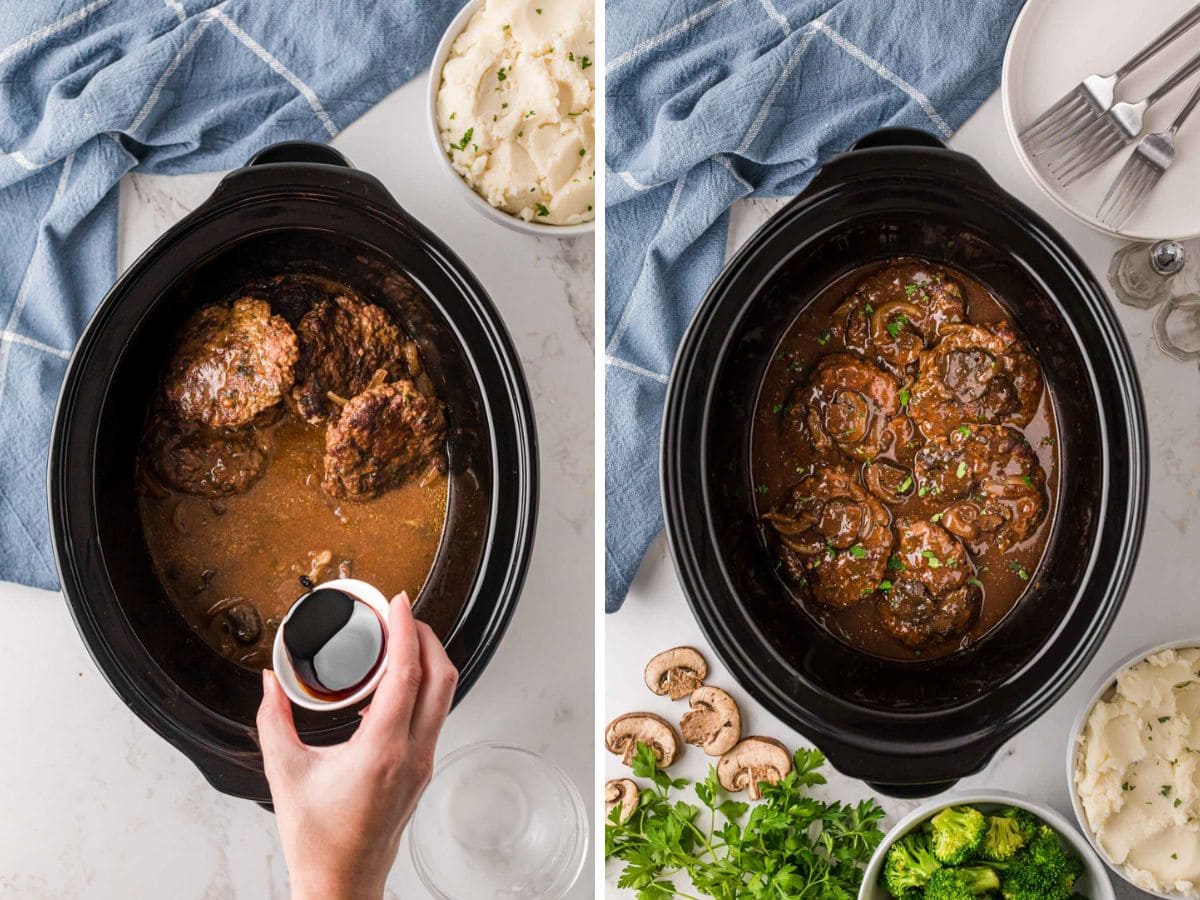 Gravy, master attitude, slow cooker, and hamburger patties, put back into gravy.