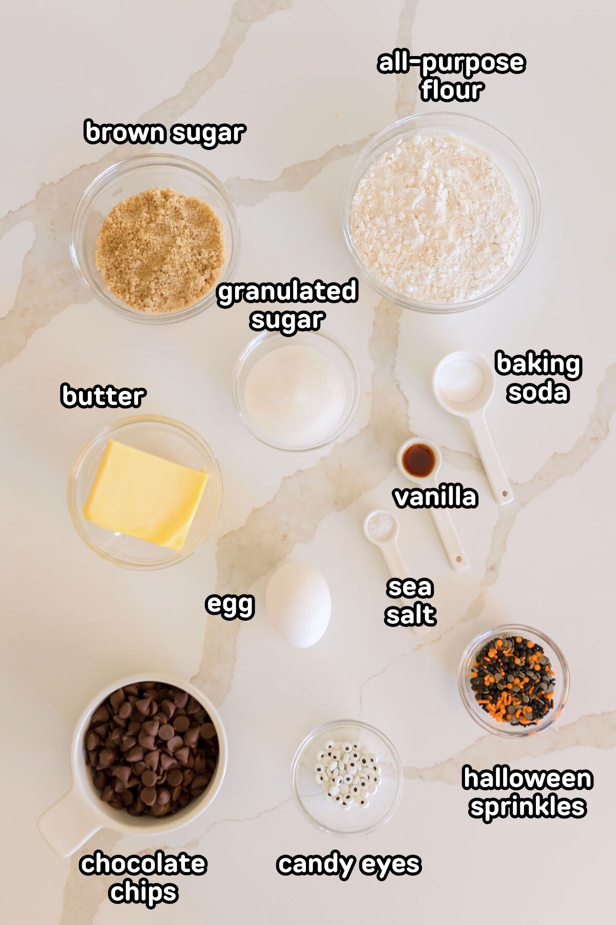 Ingredients needed to make Halloween chocolate chip cookies.