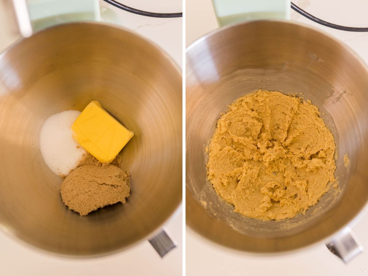 Side by side photos of creaming the butter and sugars together.