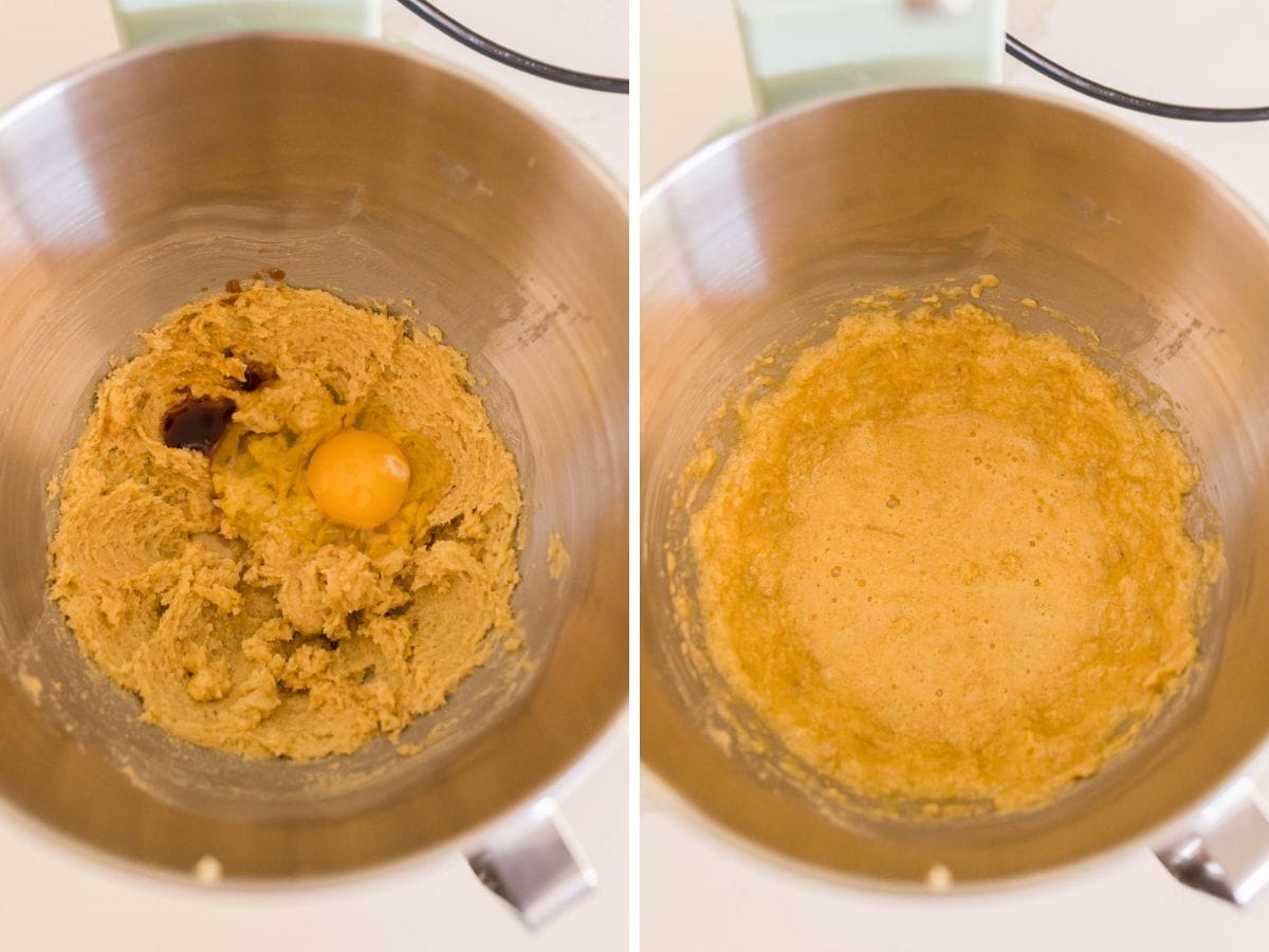 Side by side photos of adding the egg and vanilla to the butter and sugar.