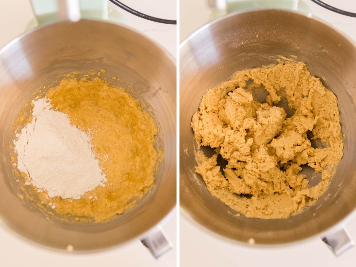 Adding the dry ingredients in increment to the cookie dough.