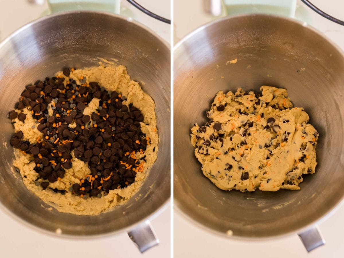 Gently folding in the chocolate chips and Halloween sprinkles into the dough.