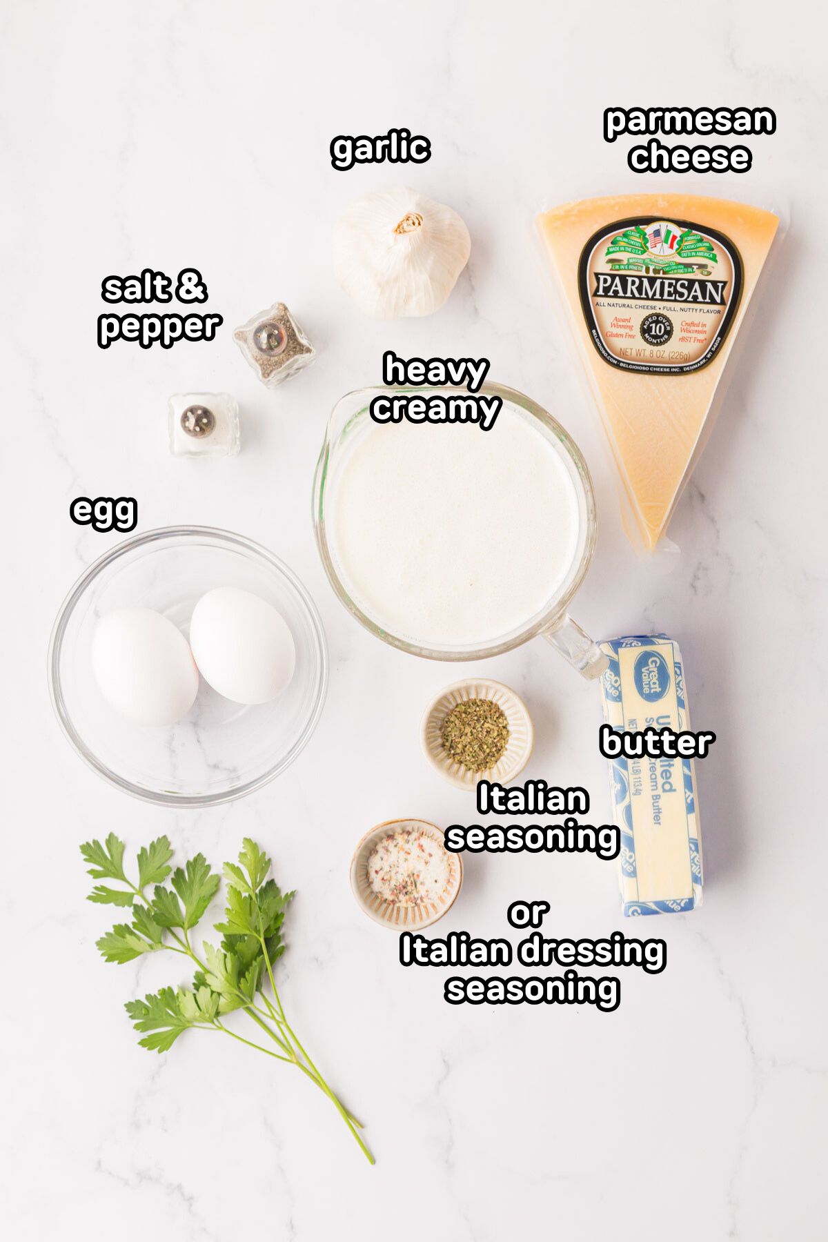 Image of labeled ingredients needed to make homemade Alfredo sauce.