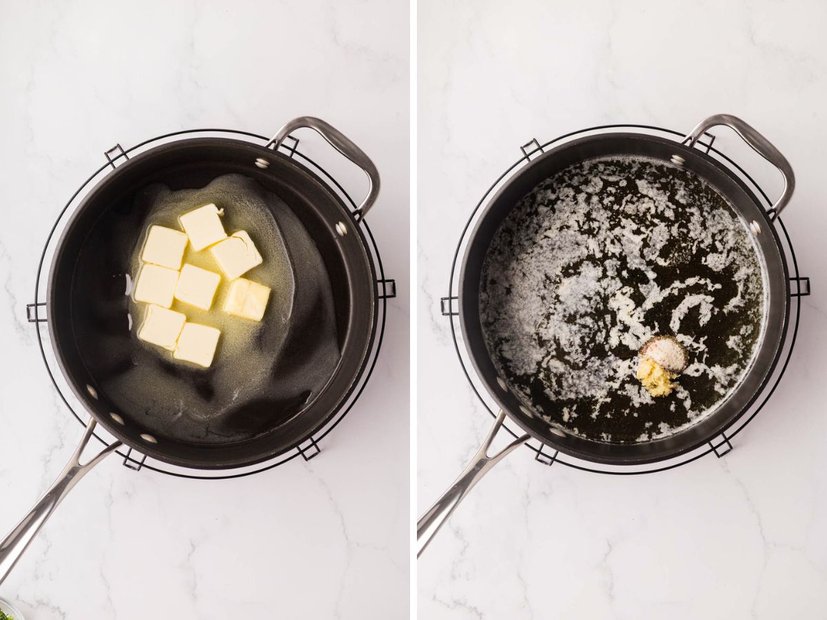 Side-by-side image of skillet, melting butter, and adding garlic and seasoning.