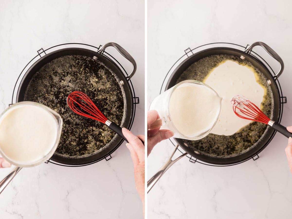 Pouring heavy cream into a skillet.