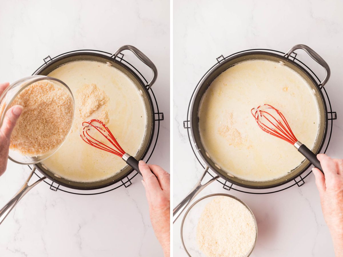 Slowly, adding in parmesan cheese and whiskey in the skillet