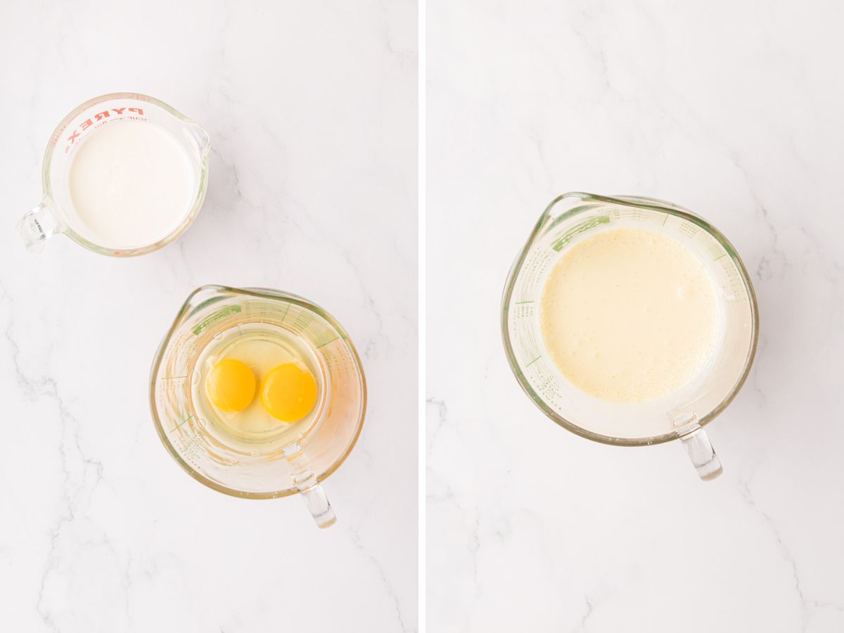 2 large eggs in a large measuring cup with together with heavy cream.