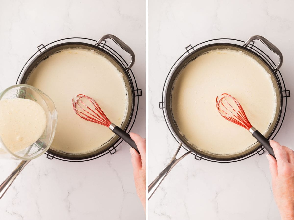 Pouring in beaten egg mixture into Alfredo sauce.