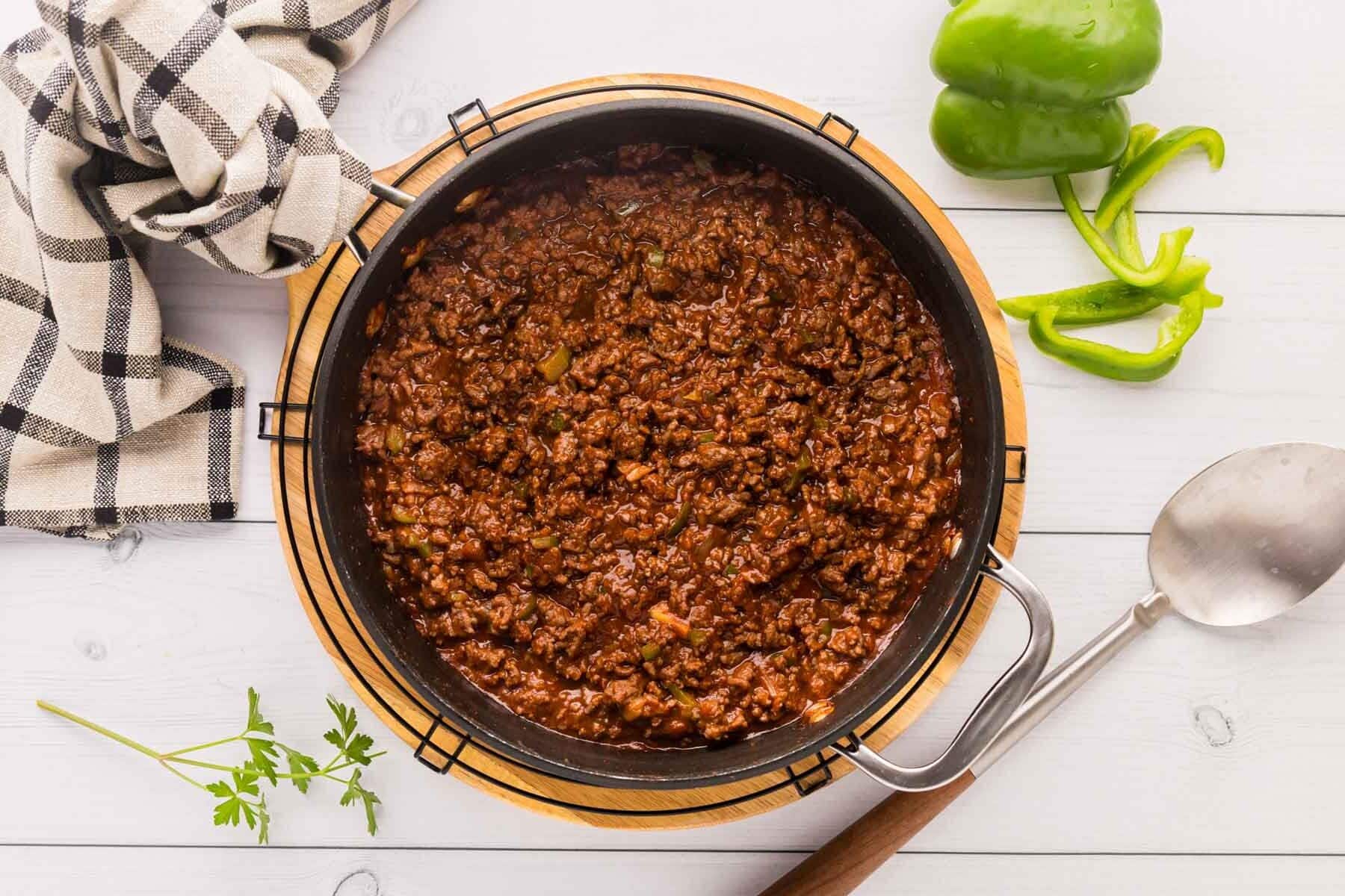 Homemade sloppy joe sauce in a skilet.