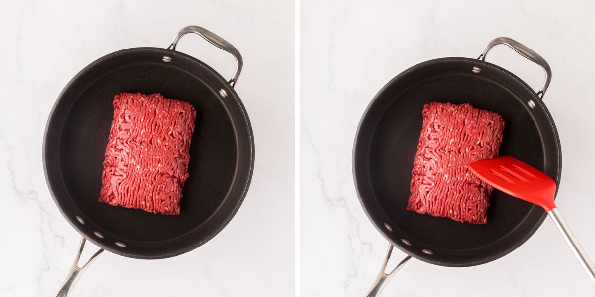 Ground beef added to skillet.