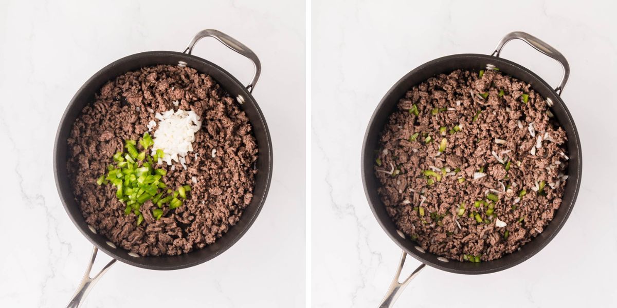 Diced onion and bell pepper added to cooked ground beef in a skillet.
